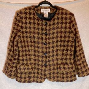Jones NewYork Women Brown Houndstooth Wool-Blend Vintage Crop Blazer Jacket 16W